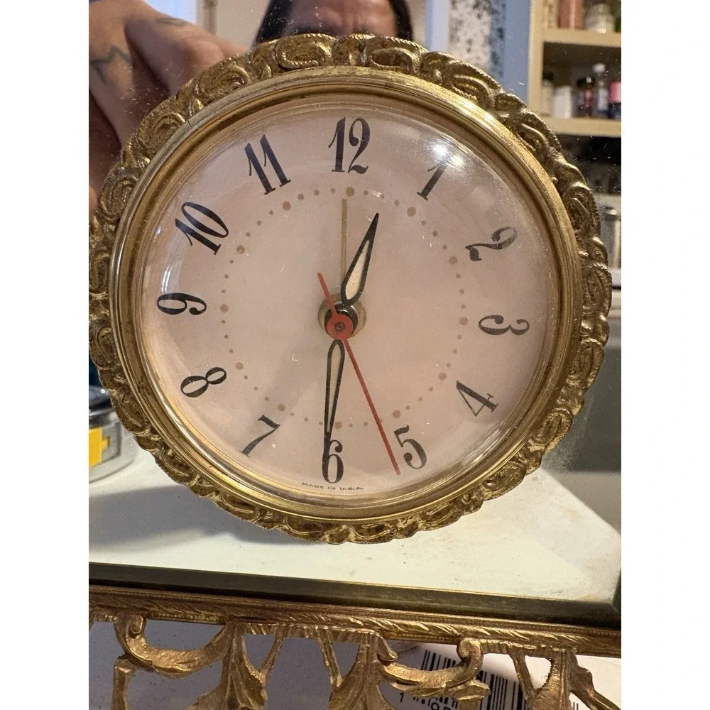 Vintage Hollywood Regency Gold Ornate Mirror Clock Electric Alarm WORKING USA